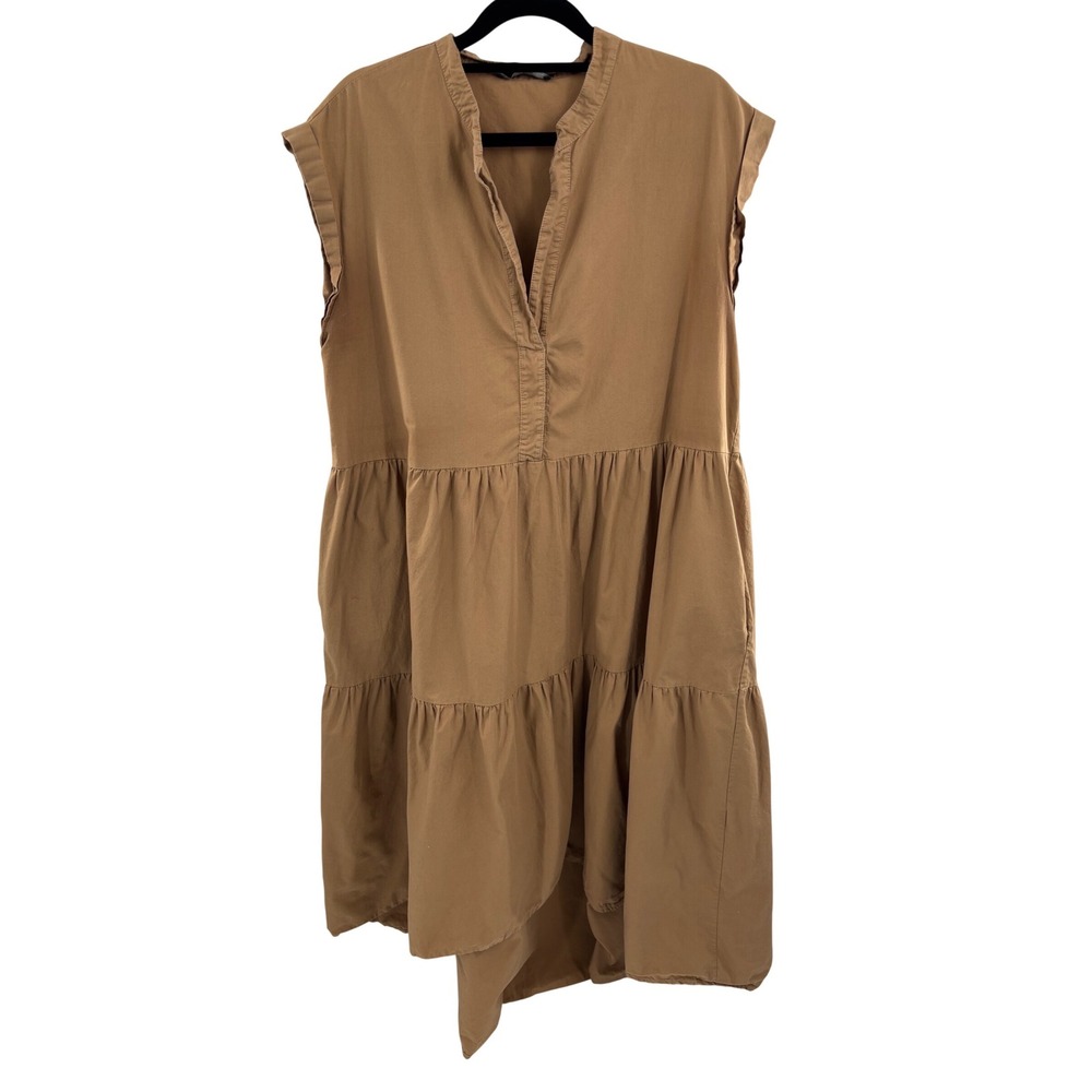Baci Tiered Midi Dress Tan V Neck Cap Sleeve Casual‎ Women's Size L